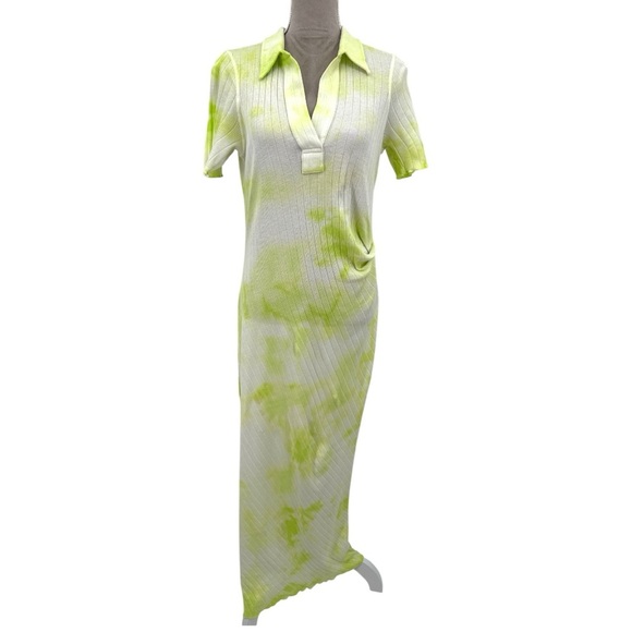 Helmut Lang Polo Midi Dress - Green Batic Tie Dye Draped Cotton Rib - Medium - Picture 2 of 10